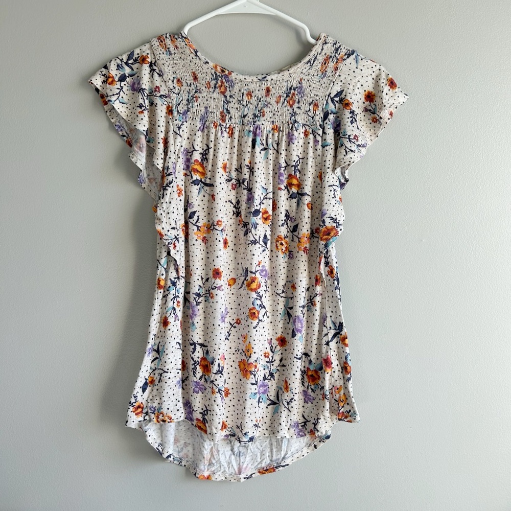 Rewind Colorful Ruffle Sleeve Floral Short Sleeve Blouse